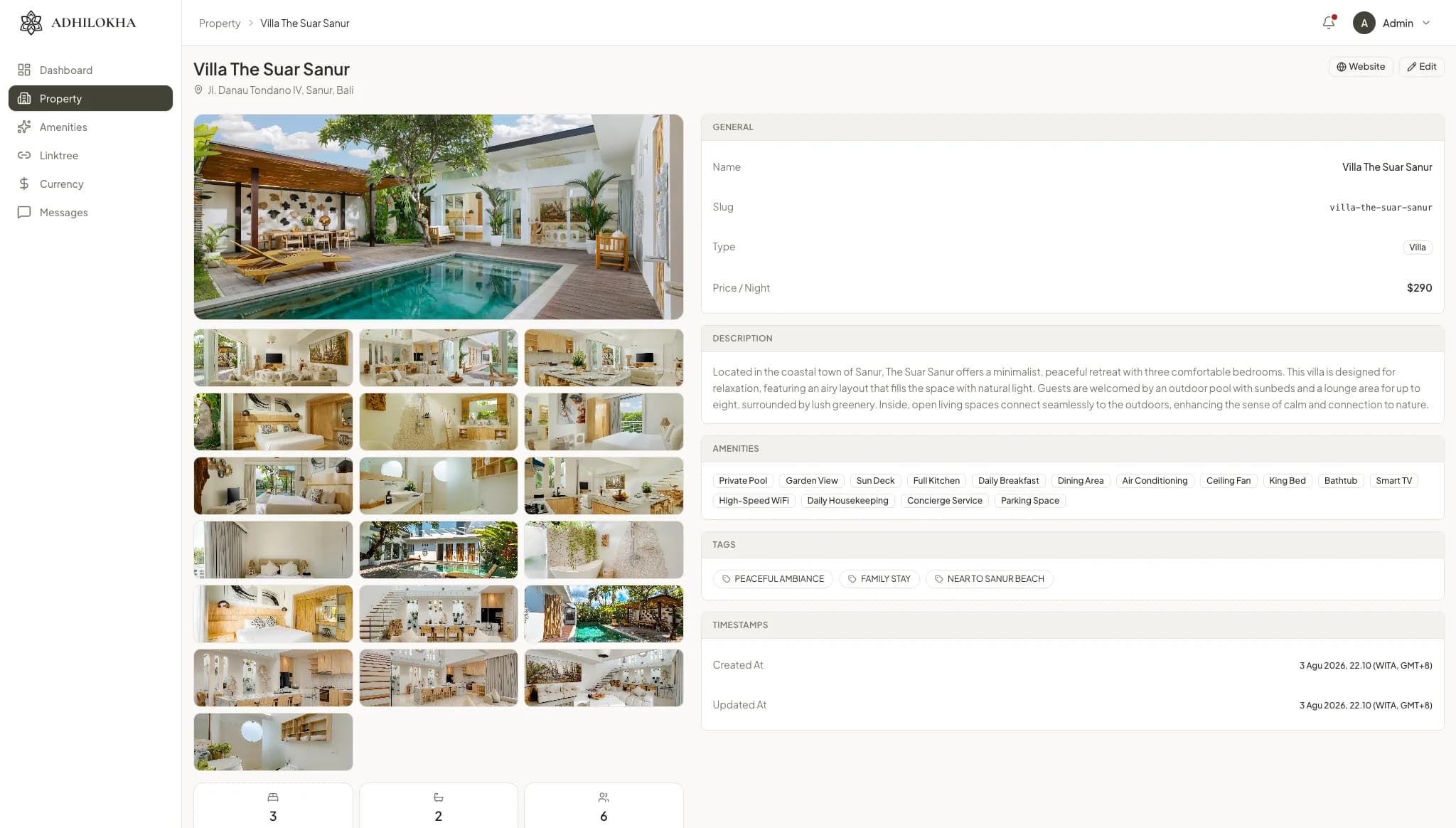 The admin record for one villa, showing its photo set, description, amenity tags, and nightly rate
