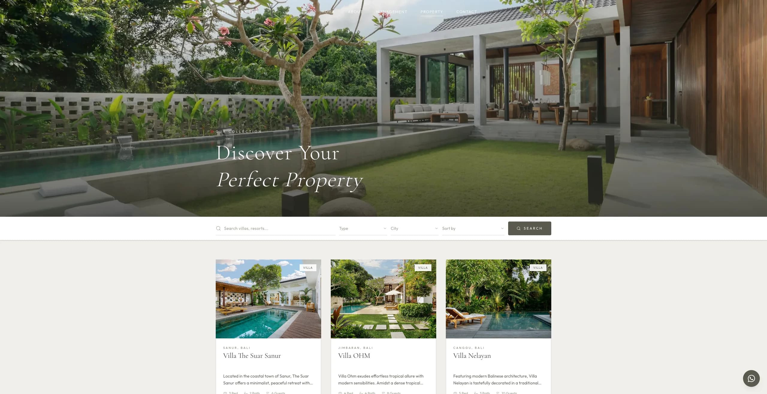 The property index: a search bar with Type, City, and Sort by controls above villa cards showing location, bedrooms, bathrooms, and capacity