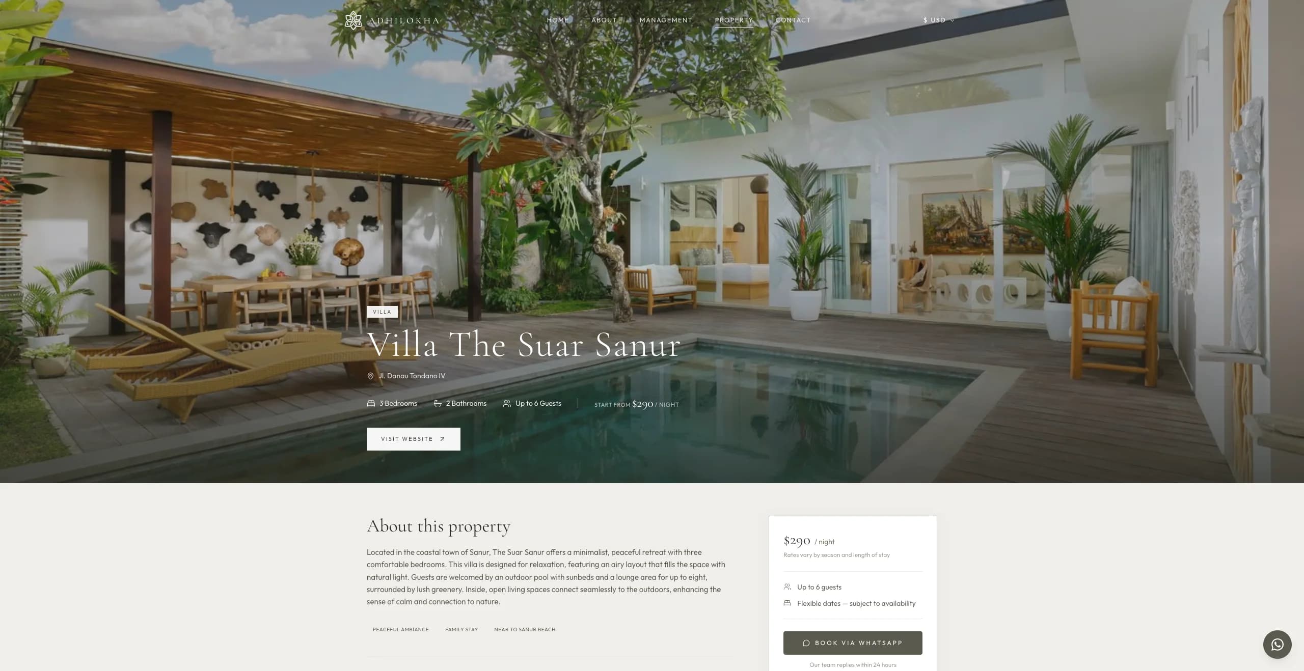 The Villa The Suar Sanur page: a full-width photograph of the pool and terrace, the nightly rate, capacity, and a WhatsApp booking button